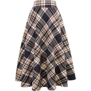 Womens Long Camel NavyElastic Waist A-Line Pleated Tartan Long Plaid Wool Skirts